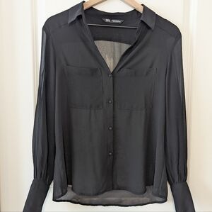ZARA Sheer Pocket Button Down Blouse Black Size Small